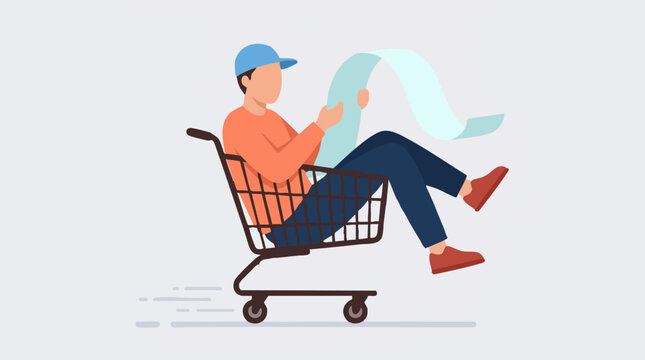 Person riding in shopping cart reading a long list, dynamic illustration