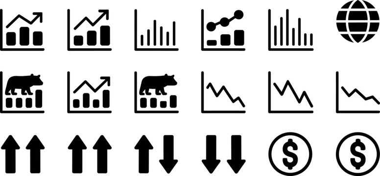 Set of financial icons including stock market graphs, trend arrows, global globe, and dollar currency signs for business designs