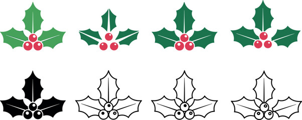Set of Christmas holly berry icons featuring various flat color and black line art styles for holiday design projects © MdAbdur