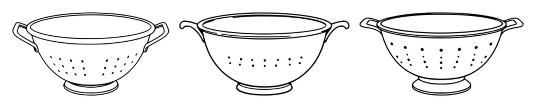 Black line art, white background: colander with handles set with simple line art design featuring line art, illustrations, graphic resources with vector and design elements