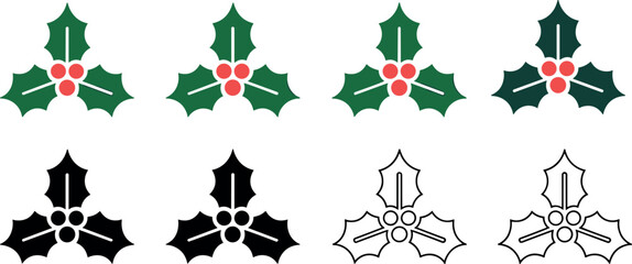Set of Christmas holly berry icons featuring various flat color and black line art styles for holiday design projects © MdAbdur