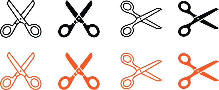 Set of eight flat vector scissor icons in black and orange