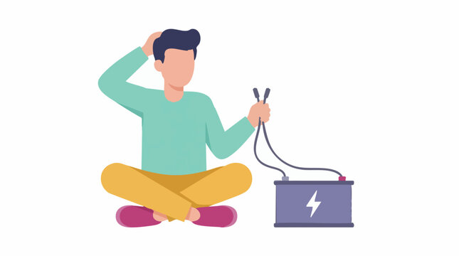 Confused man trying to connect battery with electrical cables