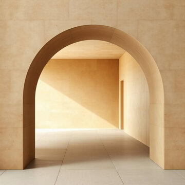 minimal zen architecture low parabolic archway empty space soft diffused light raw limestone texture warm earth tones balanced harmonious composition