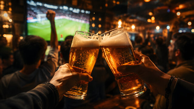Clinking beer glasses at sports bar, hands cheering with pint of lager during football soccer game transmission on television screen blur background, pub celebration party and friendship