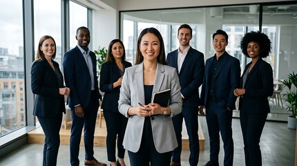 Obraz premium Diverse business team standing in modern office sharp focus for corporate marketing