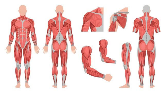 Human muscle anatomy map set showing complete body muscular system skeletal muscle front back side views medical vector diagram