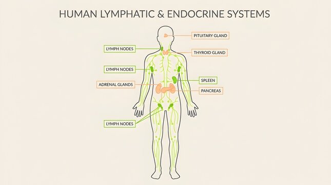 Human lymphatic and endocrine systems anatomy diagram vector chart showing pituitary thyroid lymph nodes spleen pancreas adrenal glands