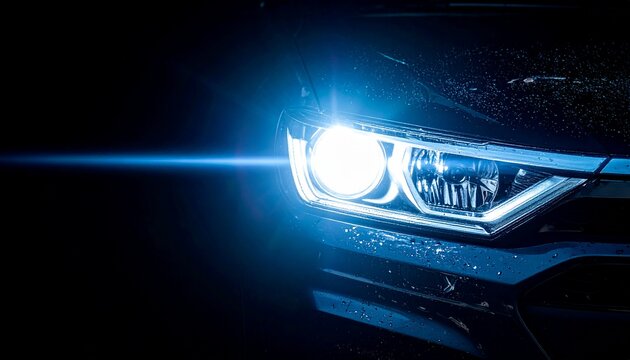 Bright blue LED headlight of a modern car shining in the dark