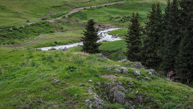 Landscape Kazachstan, Assi, mountain, green, trees, fog, horse, river, flowing, 