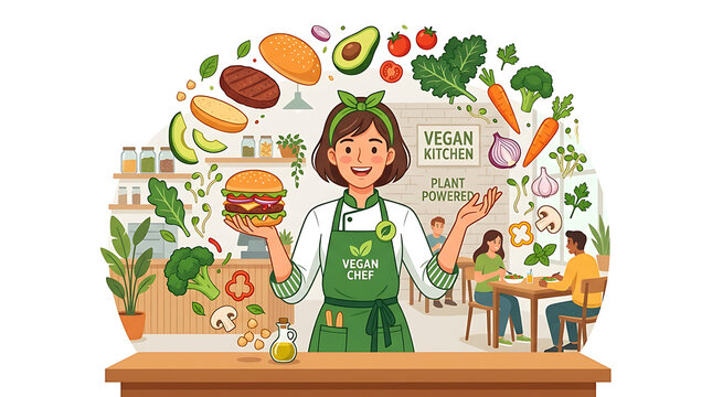 Smiling female vegan chef presenting healthy burger in plant based kitchen
