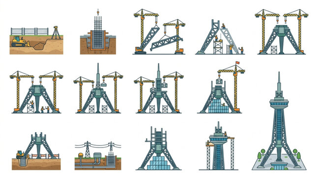 Historical Elevator and Crane Machinery Illustrations.
