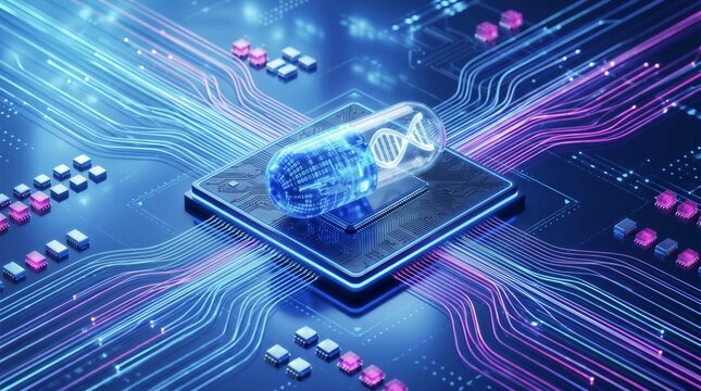 Futuristic Bioelectronic Microchip with Digital Pill and DNA Helix on Cyber Circuit Board Concept