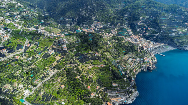 Aerial View of Ravello's Steep Terraced Landscape and Coast, Ita