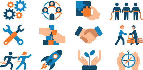Fototapeta premium Set of business teamwork and leadership icons featuring professional collaboration, strategy, growth, and success in flat vector style