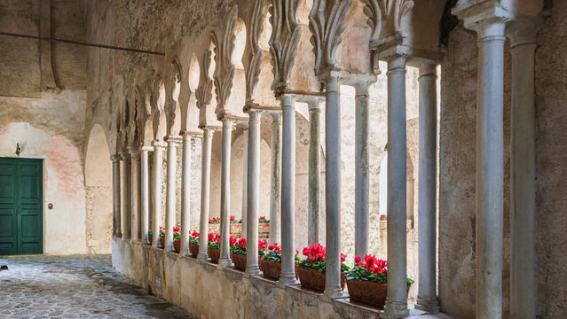 Moorish Cloister and Potted Red Flowers, Villa Rufolo, Ravello