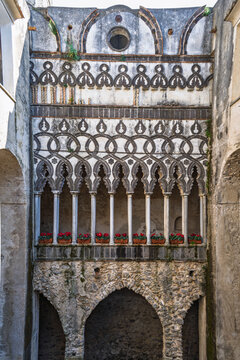 Villa Rufolo cloister lined with Red Cyclamens, Ravello, Italy