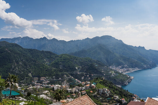 View of Amalfi Coast and Lattari Mountains from Villa Rufolo, Italy