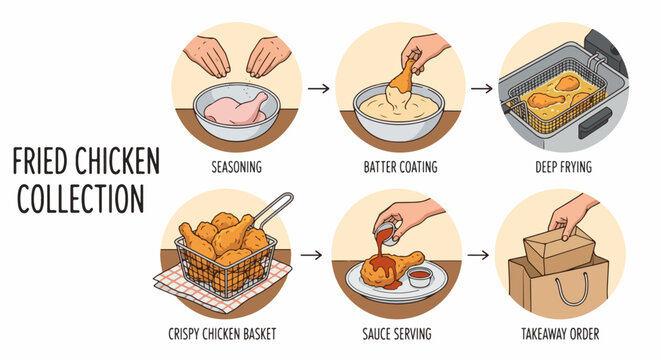 Instructional vector illustration showing steps for preparing delicious fried chicken