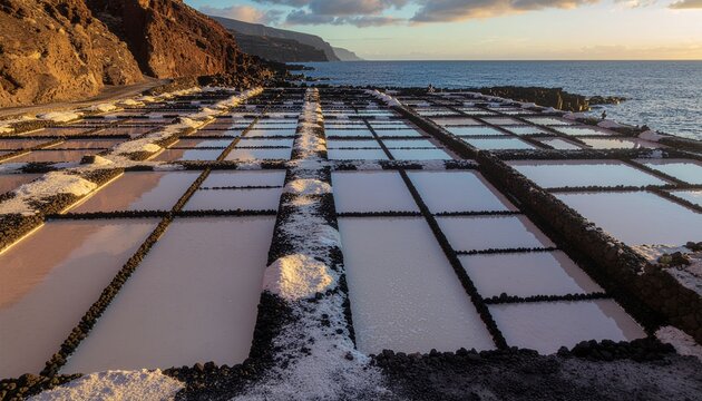 Traditional Sea Salt Drying Pans on Coastal Shoreline