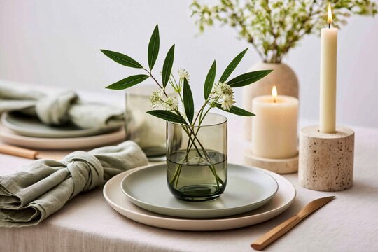 Minimal table setting with olive branch and candles for wellness dining branding. Natural home decor image for lifestyle marketing, restaurant content and premium interior styling
