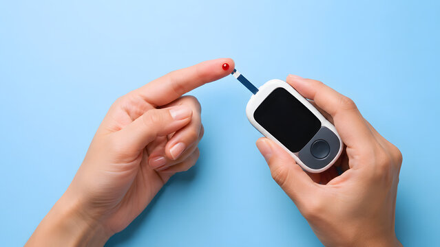Person testing blood glucose level with digital glucometer on blue background flat lay. Diabetes monitoring, healthcare and medical test concept, finger prick blood drop close up top view.