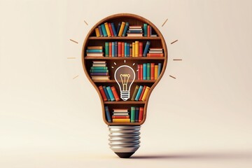 Bookshelf shaped like light bulb holds colorful books, symbolizing knowledge and innovation. Clean design represents learning, education, and bright ideas. Creative concept for school or library.
