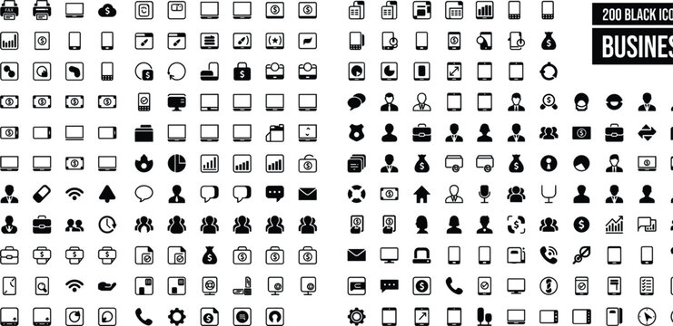 Business and finance solid black glyph icons mega set containing office technology device marketing communication graphic vectorsBusiness and finance solid black glyph icons mega set containing office