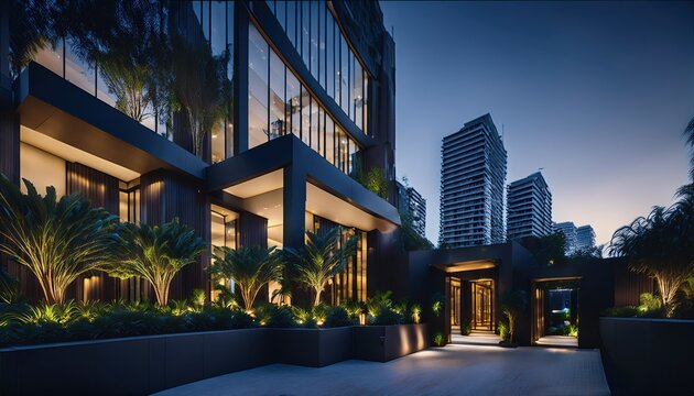 Luxurious high rise residential complex with modern glass facades and lush greenery in a premium urban setting at dusk