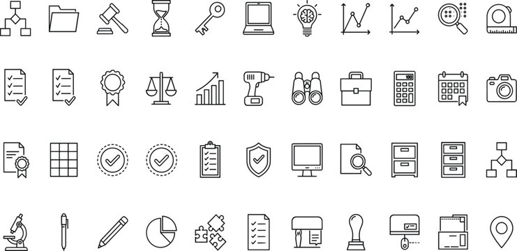 Business management and office workflow line icon set containing corporate analytics strategy data planning legal justice tools vector elementsBusiness management and office workflow line icon set con