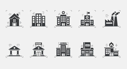 Fototapeta premium Collection of diverse building icons representing various institutions and structures.