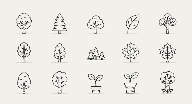Collection of stylized line art icons representing various trees and plants.