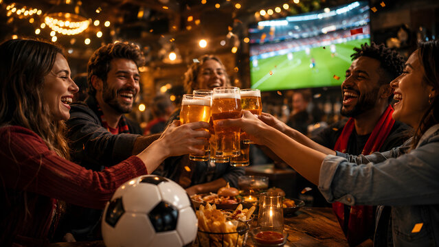 Group of Happy Friends Toasting with Beer Glasses in Pub Celebrating Soccer Match in Front of TV Screen