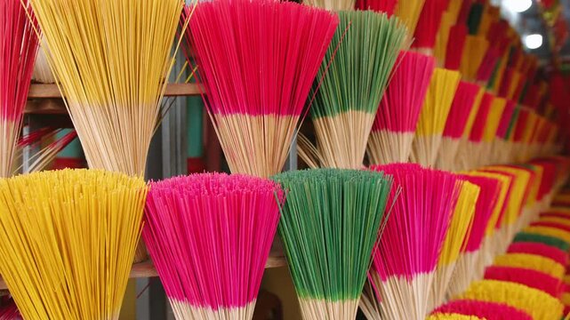 Colorful vietnamese incense sticks drying in a traditional village workshop in hue, vietnam