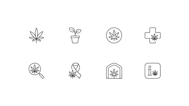 Cannabis and herbal related icon set in minimal line style with cannabis marijuana medicine