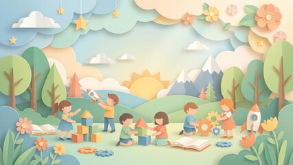 Obraz premium Children Building and Playing in a Creative Outdoor Landscape