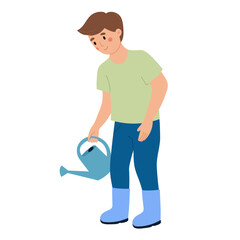Cute man character holding a watering can isolated on white background. Happy young father or gardener doing yard work, farming, plant care or gardening concept. © Alina Mosinyan