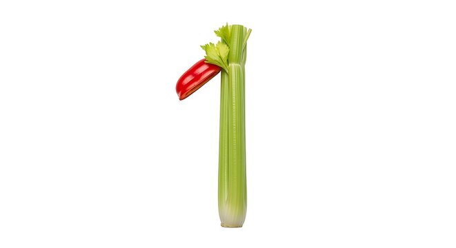 Fresh green celery stalk with red chili pepper on top against plain surface