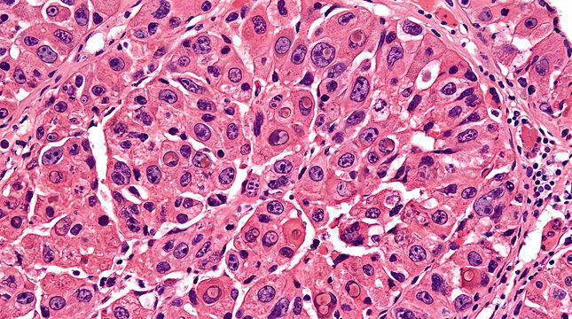 Microscopic view of liver cancer cells in human tissue stained for medical analysis
