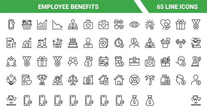Employee benefits line icon set featuring human resources company compensation health insurance bonus office perk vector elementsEmployee benefits line icon set featuring human resources company compe