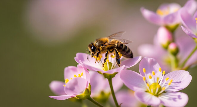 Honeybee pollinating a spring flower, macro shot