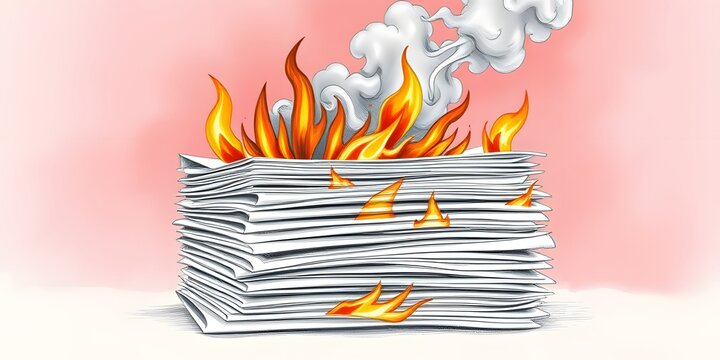 High-quality colored pencil illustration of blank paper sheets burning with curled edges, glowing embers, and dynamic realistic flames.