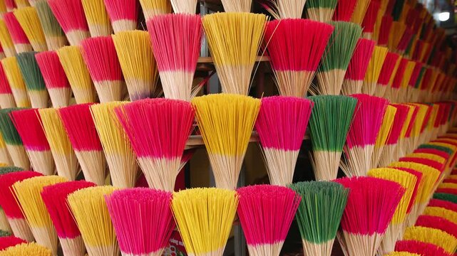 Colorful vietnam incense sticks drying in a traditional factory in hue, vietnam, creating a vibrant cultural background