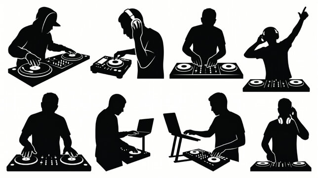 DJ Performance Silhouette Collection Vector Illustration with Scratching Mixing and Crowd Interaction