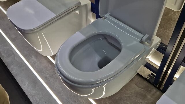 A man's hand lifts the lid of a modern wall-hung toilet. Choosing a product in the plumbing department. A detailed plan of a toilet on a metal frame (installation) with lighting. Demonstration