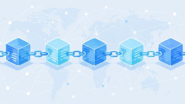 鎖で繋がれたブロックが分散型台帳技術ブロックチェーンを示す概念図