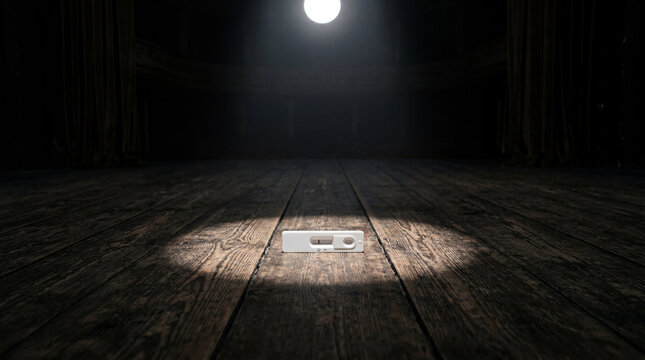 Positive Pregnancy Test Kit on Dramatic Spotlight Stage Floor