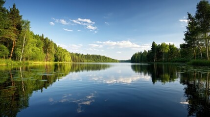 Fototapeta premium Tree lined lake with wide reflection under clear blue sky