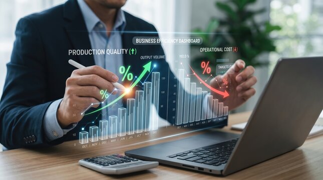 Businessman analyzing efficiency dashboard on laptop with holographic charts showing production quality increase and operational cost decrease