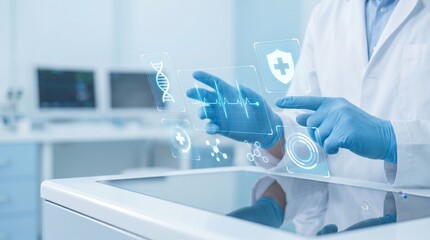 Fototapeta premium Scientist or doctor analyzing medical data on futuristic holographic display showing DNA structure